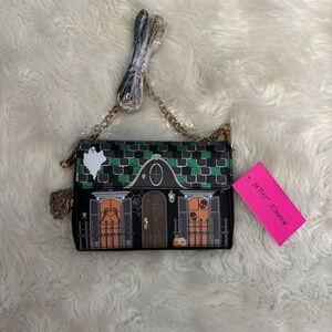 Betsey Johnson Black, Green & Orange Haunted House Crossbody Bag